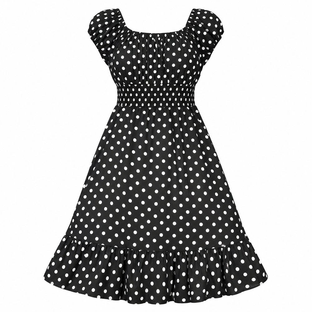 FunFash Women's Polka Dot Smocked Puff Sleeve Fit Flare Midi Dress L USA